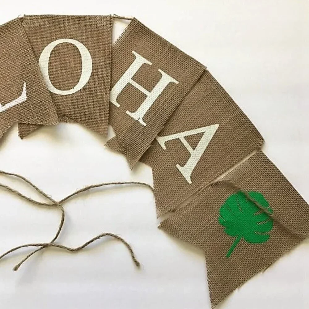 NEW ALOHO RUSTIC BURLAP BANNER PALM LEAVES HAWAIIAN TROPICAL PARTY DECOR